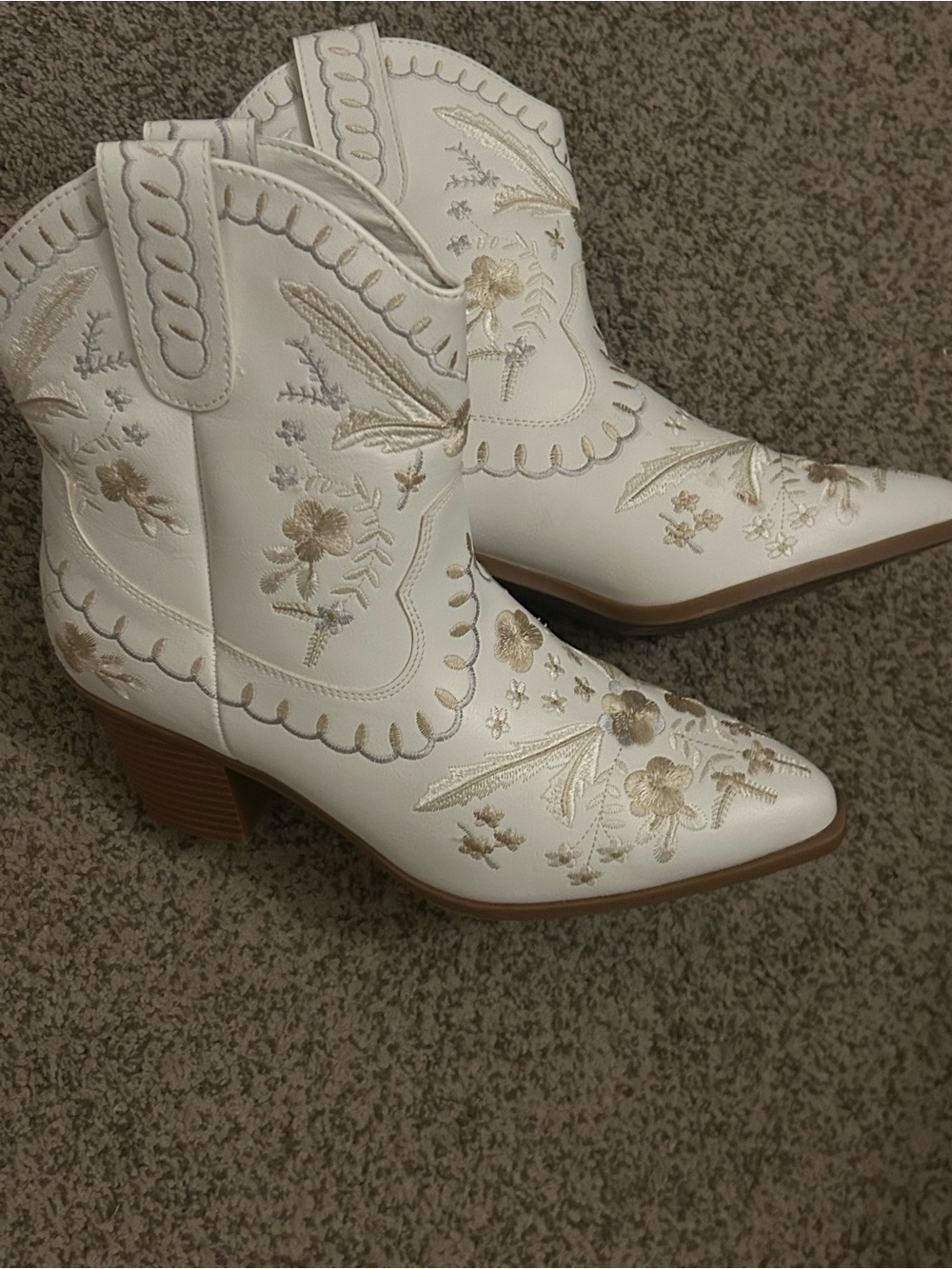 MIA White Embroidered Western Ankle Boots with Gold Accents